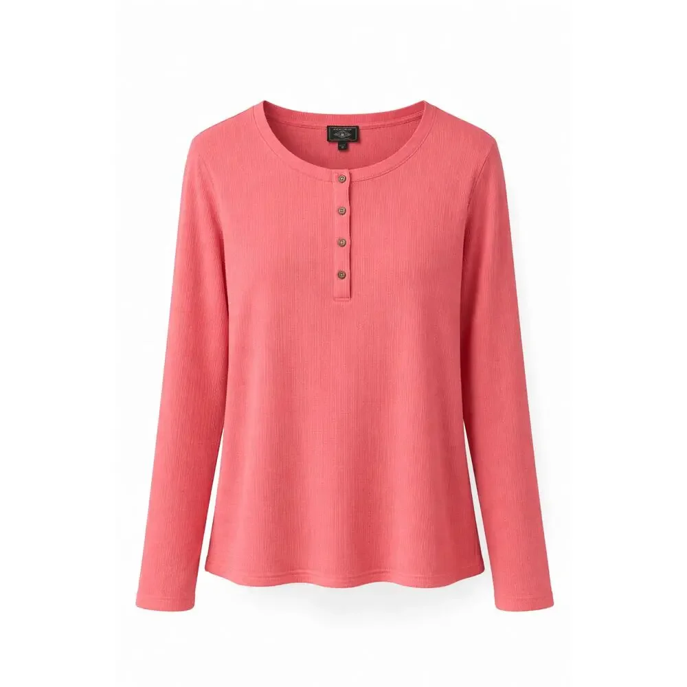 Womens Pink Henley Top Size M Long Sleeve Fishermancore Ribbed Casual Basic Tee - Picture 1 of 6